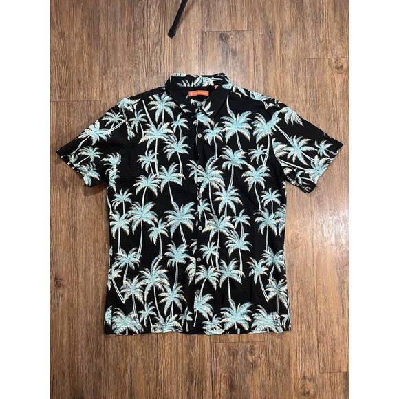 Tori Richard Hawaiian Seersucker SS Shirt Men's L Blue Palm Tree Print Pucker - Picture 1 of 7